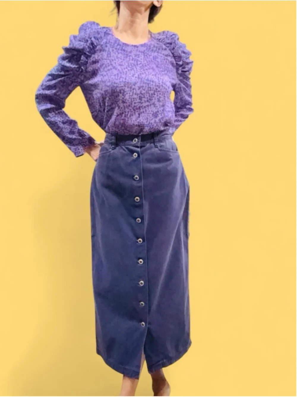 Vintage Basic Editions Purple Denim Midi Maxi Skirt Button Front Size 8 90s